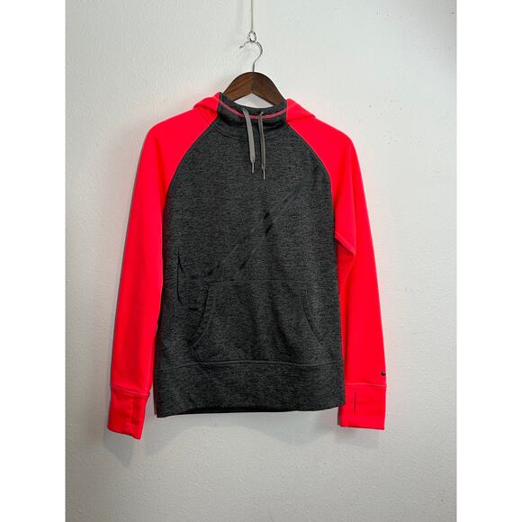 Nike Jackets & Blazers - Nike Therma Fit Grey/ Neon Pink Wmn's Med Dark Gray Swoosh Logo Pullover Hoodie